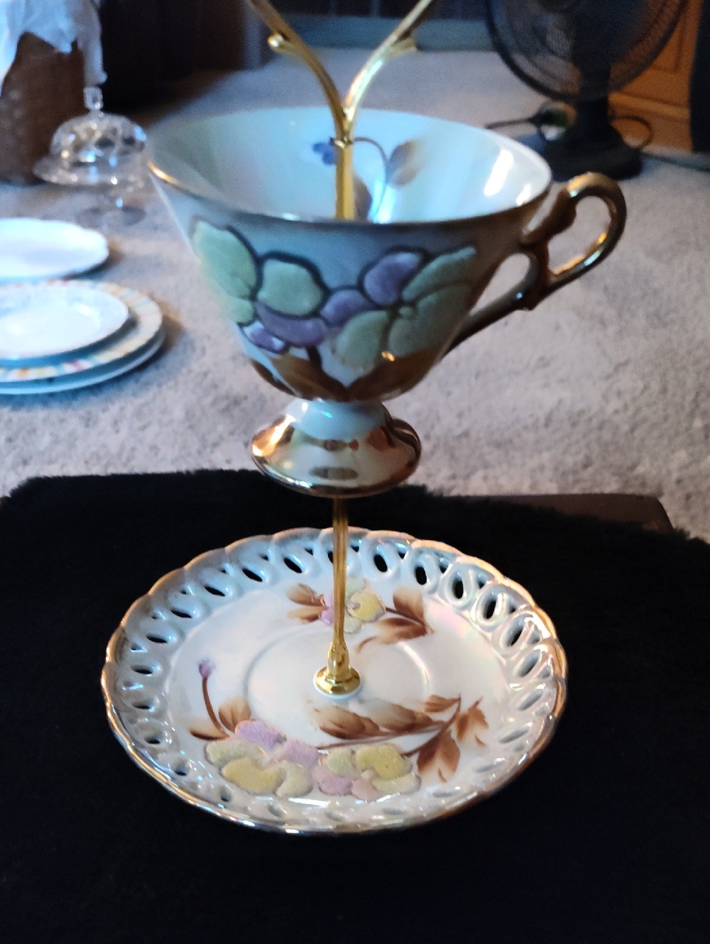 Two-Tier Porcelain Tea Cup & SaucerJewelry Stand with Gold Trim